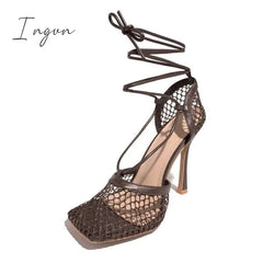Ingvn - Fishnet Squared Toe Lace Up Heels