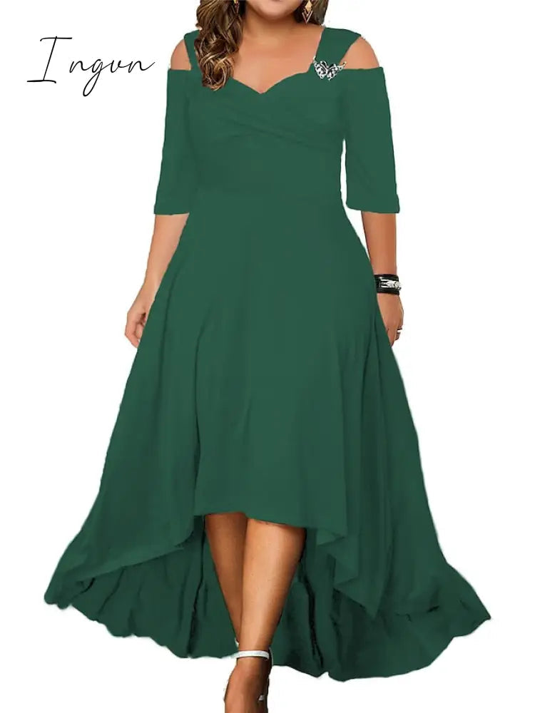 Ingvn - Women's Plus Size Party Dress Swing Dress Formal Dress Solid Color Midi Dress Half Sleeve Hollow Out Plus High Low V Neck Elegant Party Black White Summer Spring L XL XXL 3XL 4XL