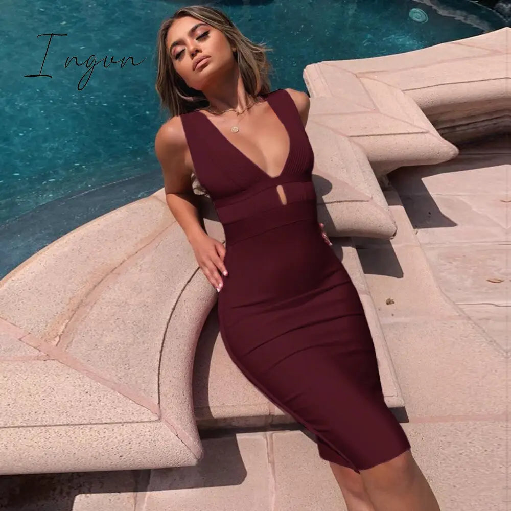 Ingvn - Dress for Women Summer Pink Bodycon Dress Sexy Cut Out Rayon White Black Red Club Party Dress Evening Outfits