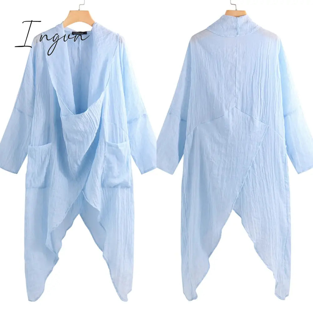 Ingvn - Women Tops Vintage Solid Blouses Summer Fashion Long Shirts Casual Cowl Neck Long Sleeve Asymmetrical Party Blusas