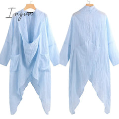 Ingvn - Women Tops Vintage Solid Blouses Summer Fashion Long Shirts Casual Cowl Neck Long Sleeve Asymmetrical Party Blusas