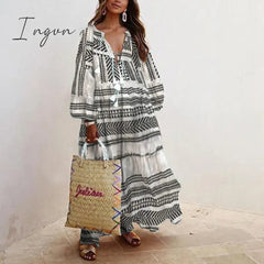 Ingvn - V-neck Long Sleeve Print Long Loose Dress