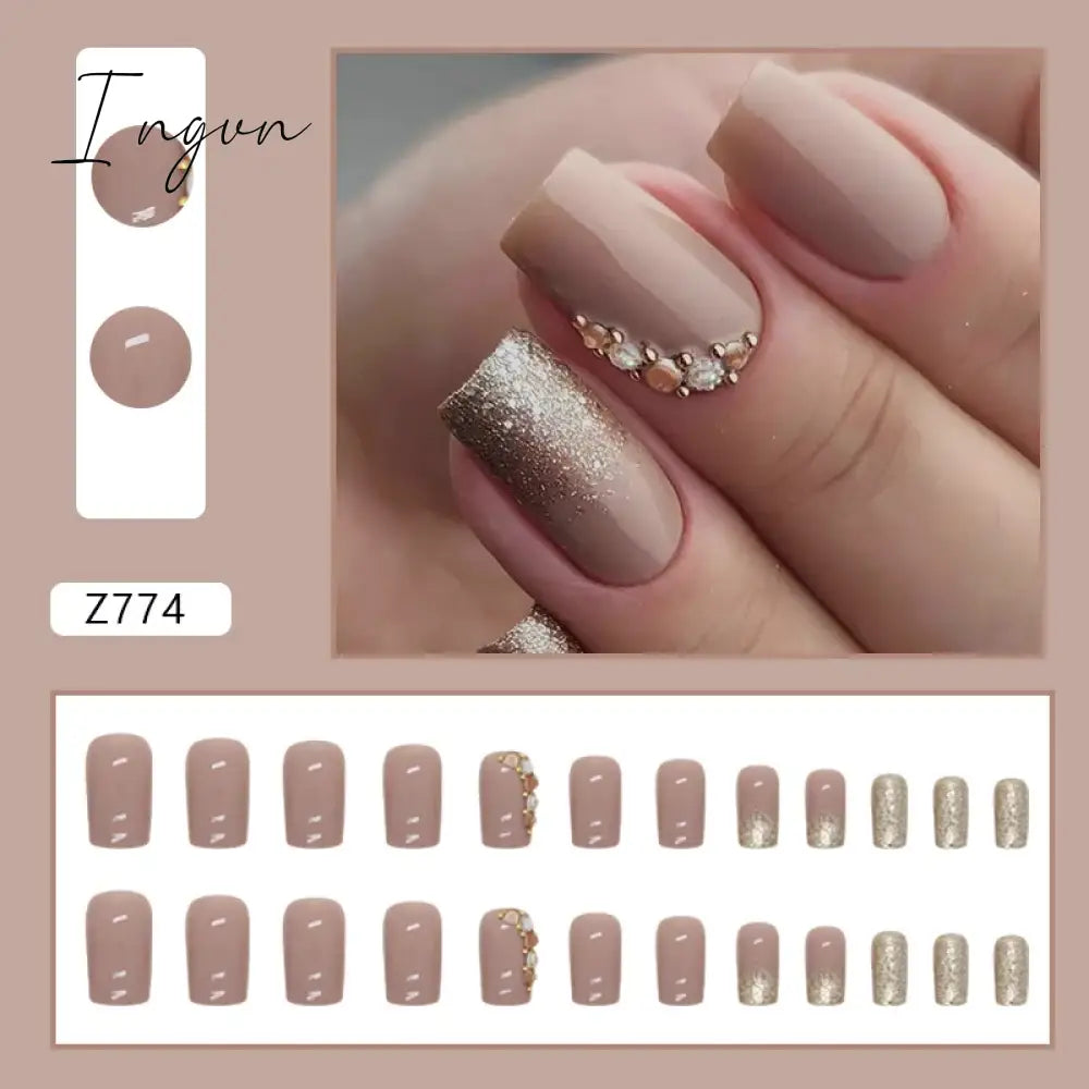 24pcs/Box Gradient Nail Art Patches False Nails Short Square Nail Blue Starry Glitter Teardrop Diamond Fake Nail Tips