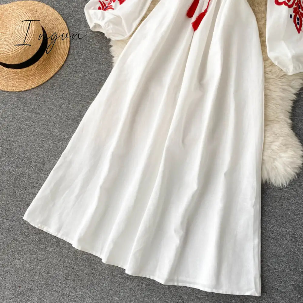 Ingvn - Women Autumn Dresses Bohemian Embroidered Flower O-Neck Lantern Sleeve High Waist Pleated Dress All-match Female Vestidos GK393