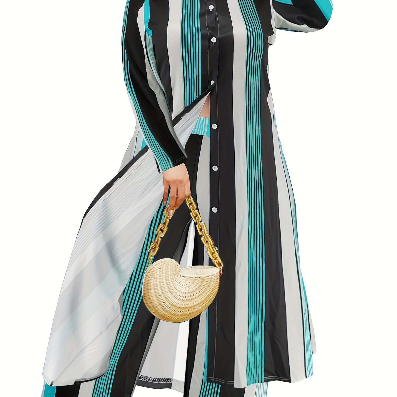 Plus Size Fashionable Outfits Set, Women's Plus Striped Button Up Long Sleeve Shirt Dress & Wide Leg Pants Outfits Two Piece Set
