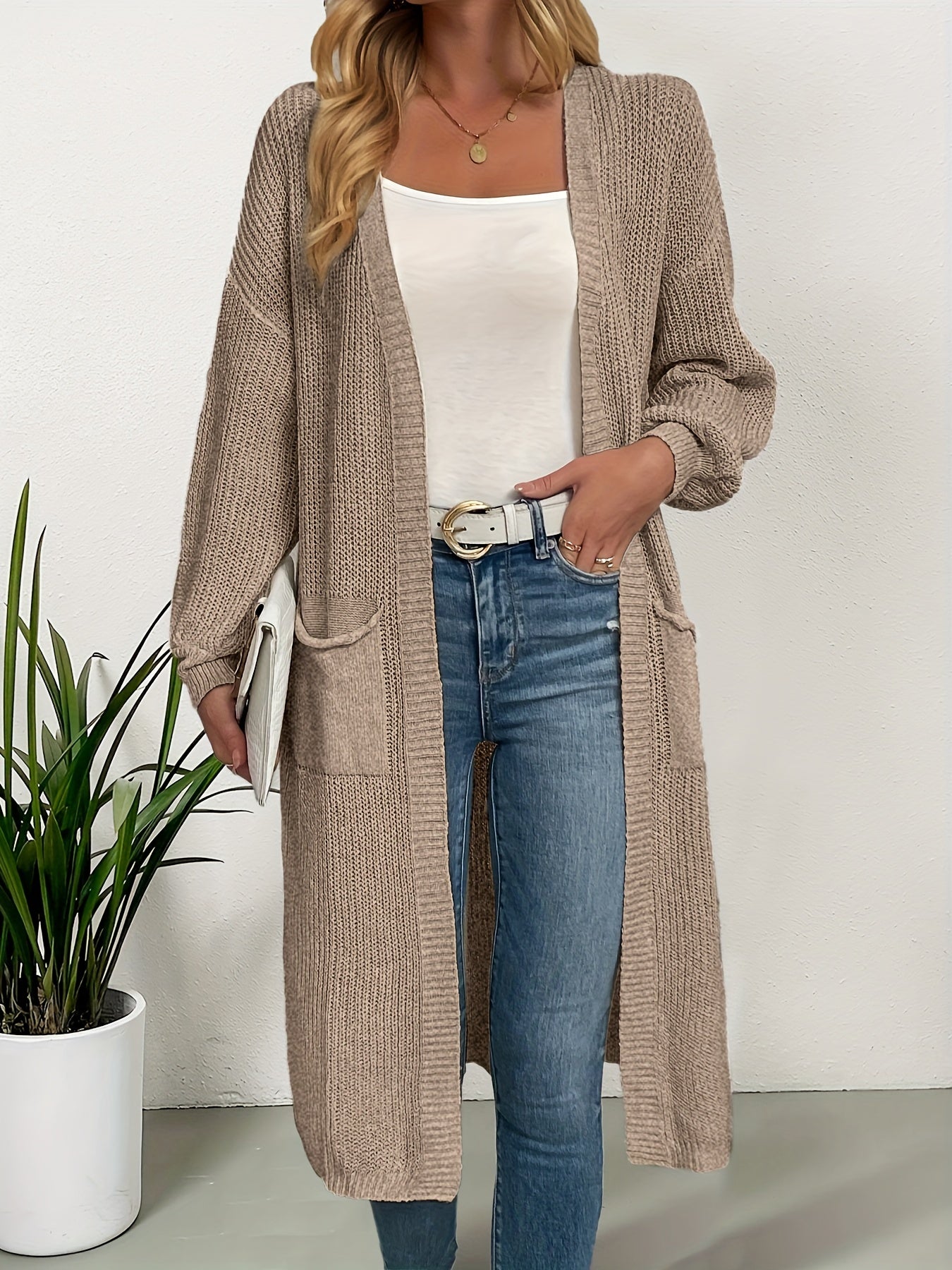 Elegant Warm Knit Cardigan for Women - Solid Color, Long Sleeve & Length, Durable and Cozy for Fall/Winter