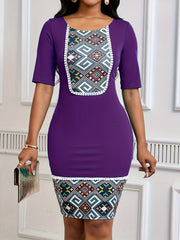 Chic Tribal Print Dress - Flattering Slim Fit with Short Sleeves - Trendy Crew Neck - Figure-Sculpting Waist - Perfect for Summer - Mature Womens Fashion