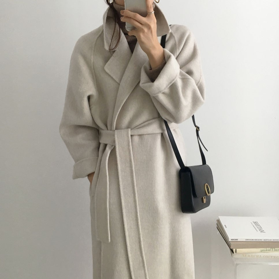 Autumn Winter Thicken Loose Wool & Blend Coats Women Elegant Lapel Full Sleeve Lace-up Oversized Female Outwear