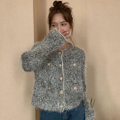 Vintage Temperament Bead Sweater Women Autumn Winter Tops O Neck Knitting Cropped Cardigan Korean Fashion Suéteres