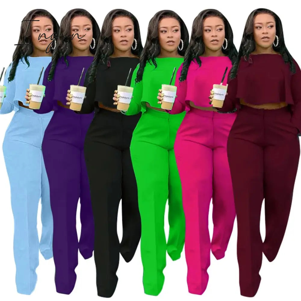 Ingvn - 2023 Elegant Work Wear Two Piece Set Fall Clothes for Women Ruffles Crop Top and Wide Leg Pants Suits Matching Sets Sexy Club Outfits