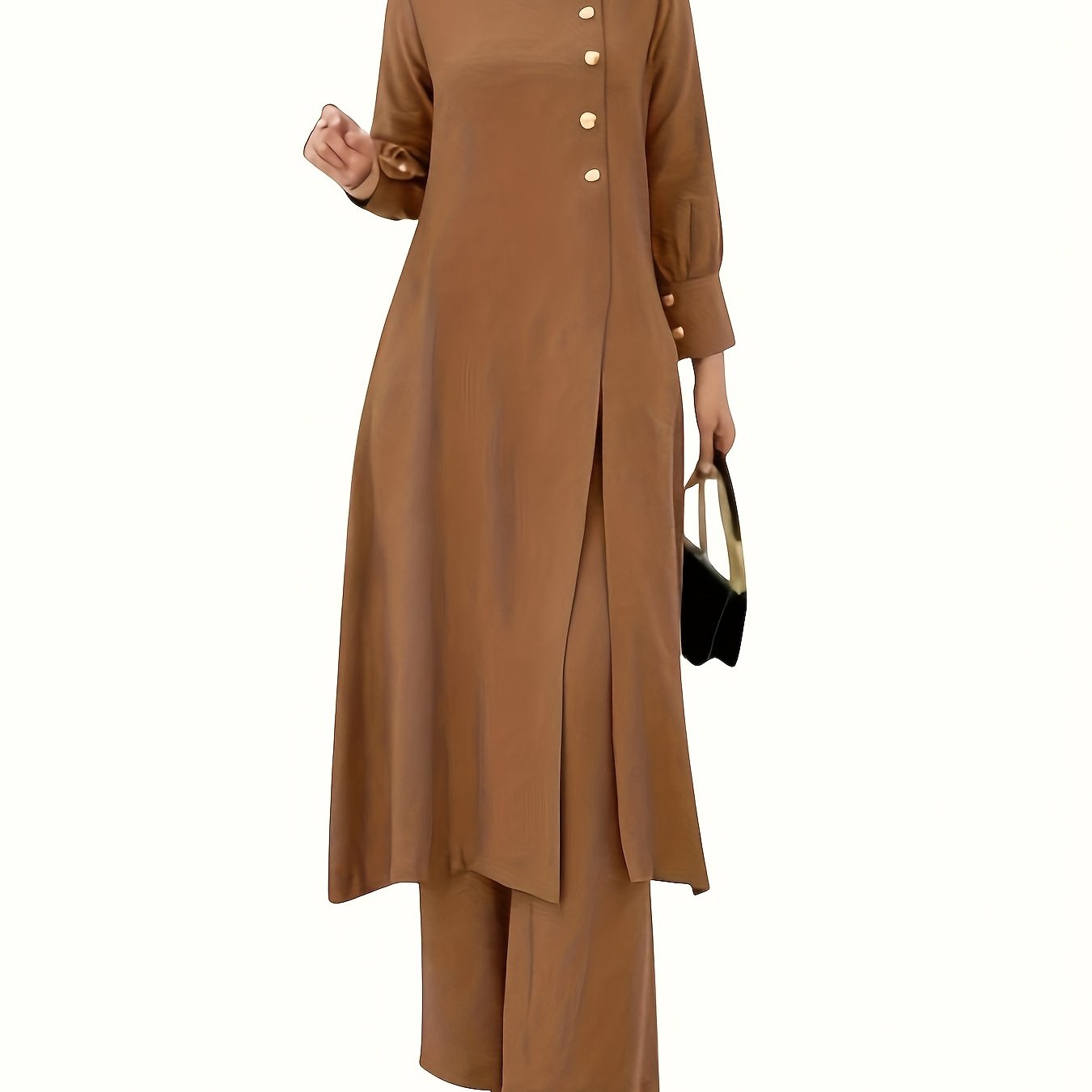 Two-piece Set, Elegant Solid Color Long Sleeve T-shirt & Loose Pants Outfits, Women's Clothing