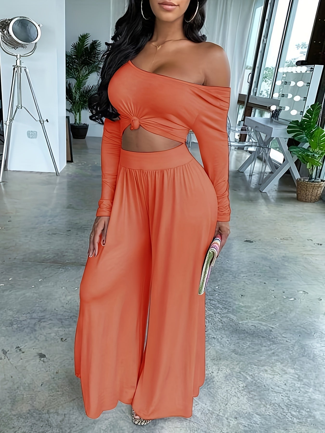 Long Sleeve Two-piece Set, Casual Solid Crop Top & Wide Leg Pants Outfits, Women's Clothing