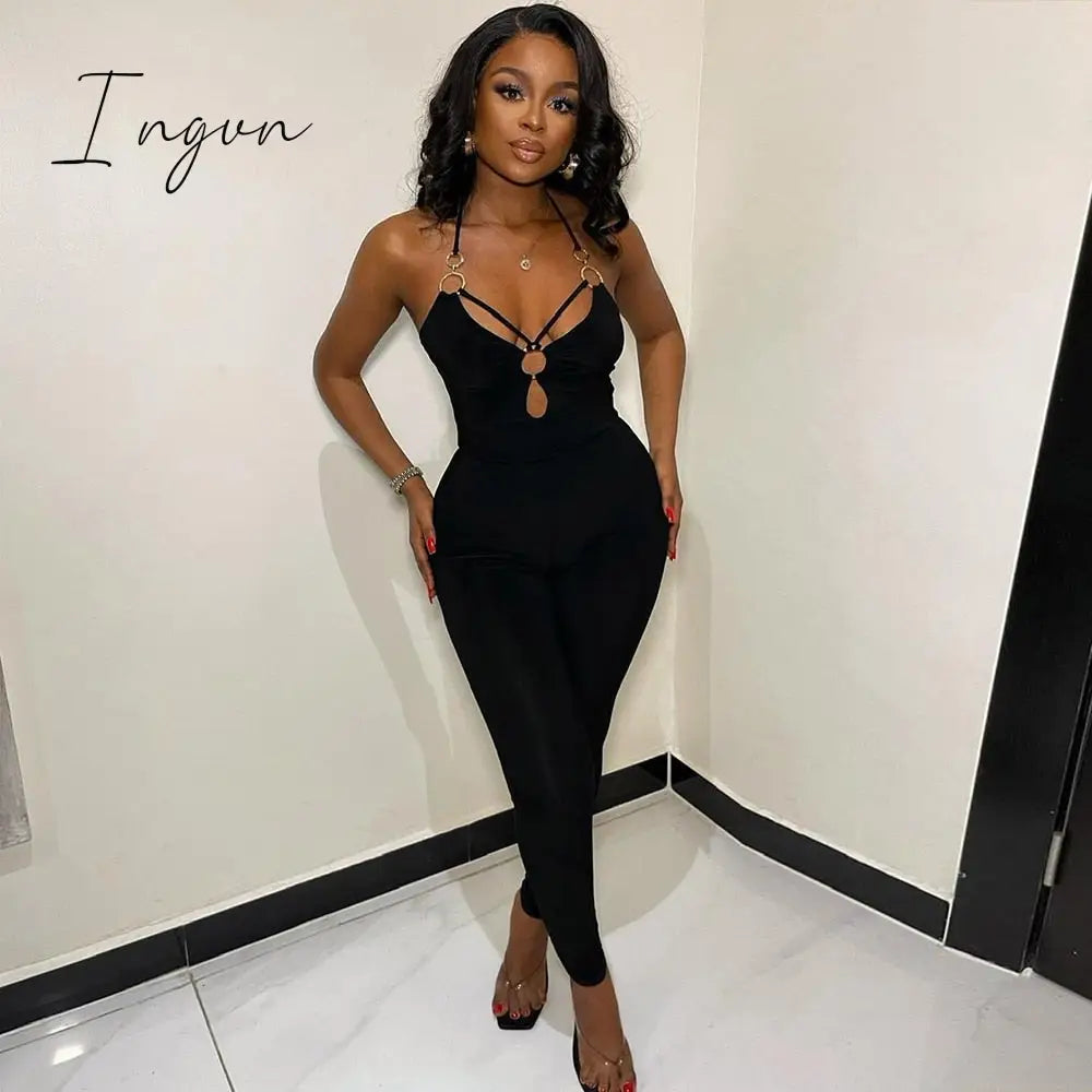 Ingvn - Sexy Halter Lace Up Backless Slim Jumpsuits Women Sleeveless Cut Out Pencil Pants One Piece Rompers 2023 Summer Elegant Clothes