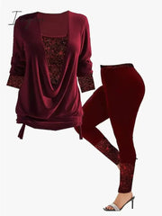 Ingvn - Women's Shirt Pants Sets Black Burgundy Khaki Solid Color Sequins Long Sleeve Casual Daily Fashion Square Neck Regular Fit Spring &  Fall