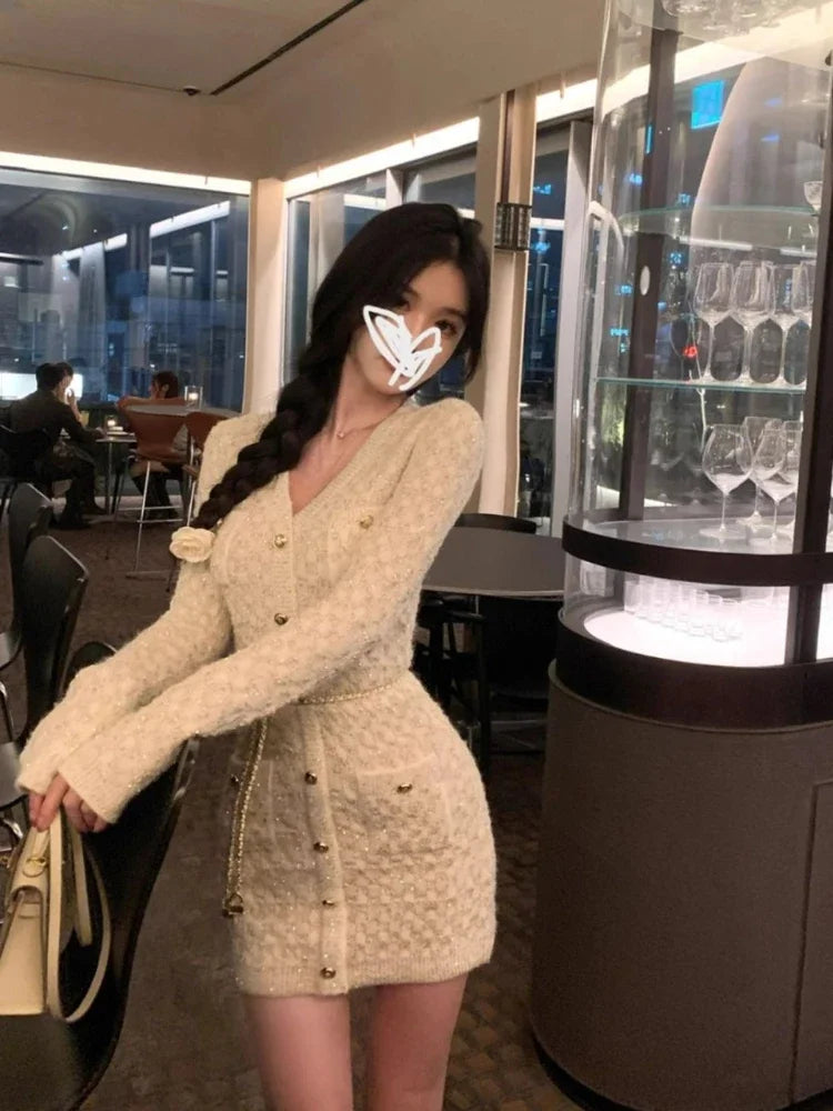 French Elegant Slim Knitted Dress Short Party One Piece Dress Korean Fashion Winter Sexy Bodycon Y2k Mini Dress Woman Chic