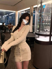 French Elegant Slim Knitted Dress Short Party One Piece Dress Korean Fashion Winter Sexy Bodycon Y2k Mini Dress Woman Chic