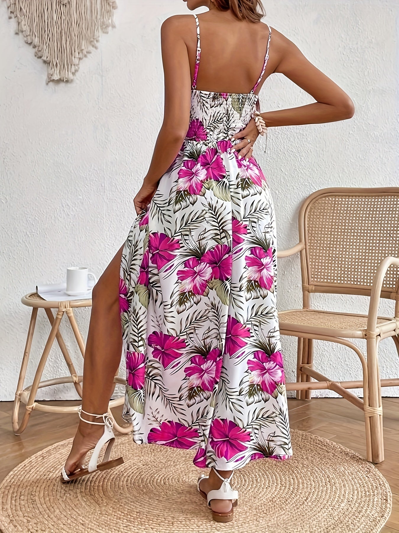 Womens Spring/Summer Chic Maxi Dress - Adjustable Spaghetti Straps, Floral Print, Elegant High Slit - Versatile Day-to-Night Wear