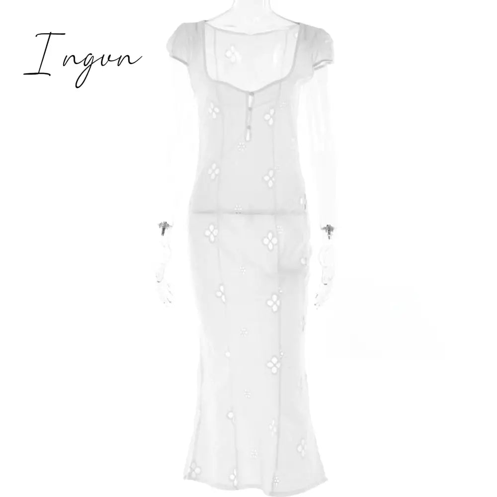 Ingvn - Square Collar Black Mini Dresses 2023 Summer Sexy High Waist Short Sleeve Beachwear Bodycon Hollow Out Sundress Female Ingvn