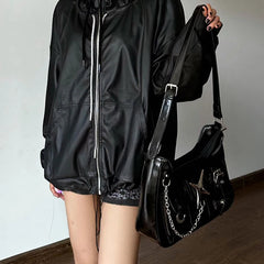 INGVN  Y2k Women Shoulder Bag Harajuku Fashion Gothic Casual Black Chains Handbag Hot Girls Pu Leather Ladies Motorcycle Bag