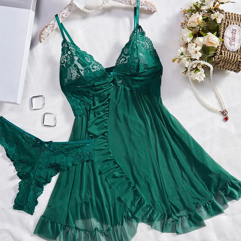 Y2K Summer new lace up Halter backless dress European and American sexy hollow pleated Hip Wrap SkirtThin Style G-string Contrast Lace Ruffle Trim Lingerie Set Deep V Slip Dress Thong Women's Sexy Lingerie Lencería Muj