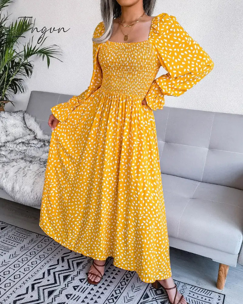 Ingvn - Fashion New Print Square Collar Chiffon Dress Women Elegant Pleated Loose Dress Women Puff Sleeve Party Dresses for Women Robes 18123