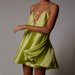 Diamante Chain Satin Low Back Swing Dress With Iridescent Crystal Straps and Neck Sexy Celebrity Party Elegant Women Dress