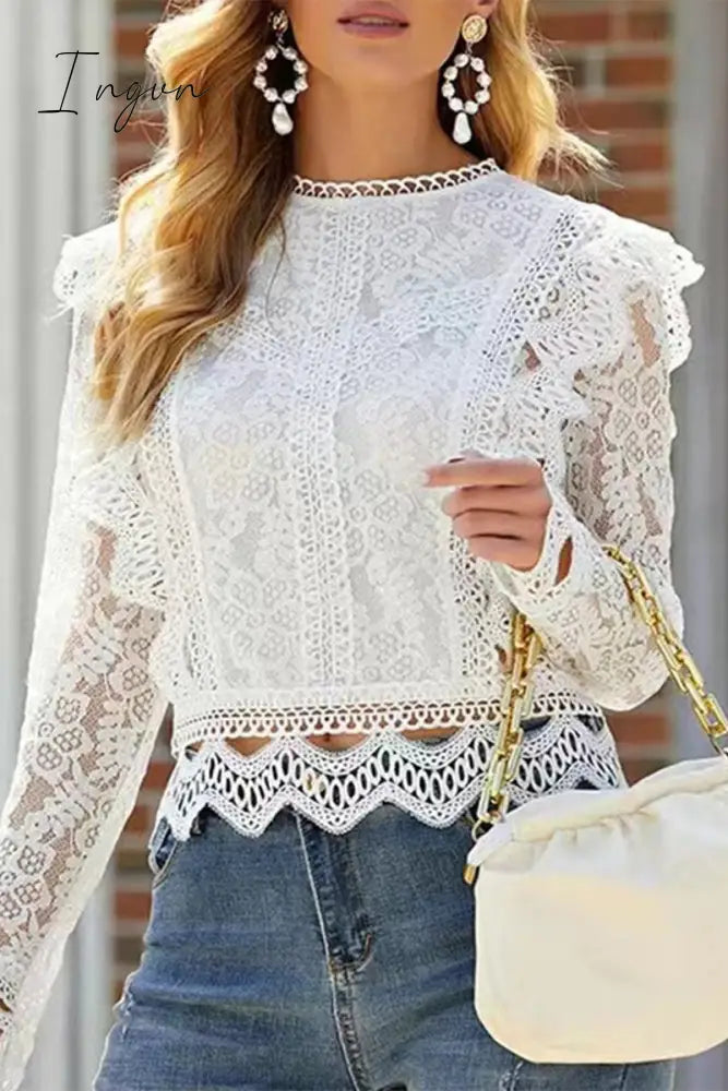 Ingvn - Sexy Solid Lace Zipper O Neck Tops