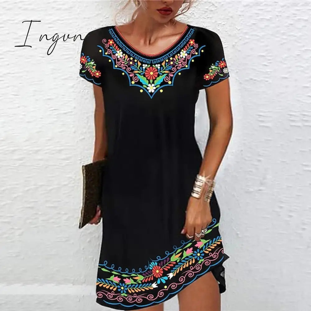 Ingvn - Women's Casual Dress Ethnic Dress Shift Dress Mini Dress Black White Light Green Short Sleeve Floral Print Spring Summer Crew Neck Basic Daily Vacation Loose Fit 2023 S M L XL XXL
