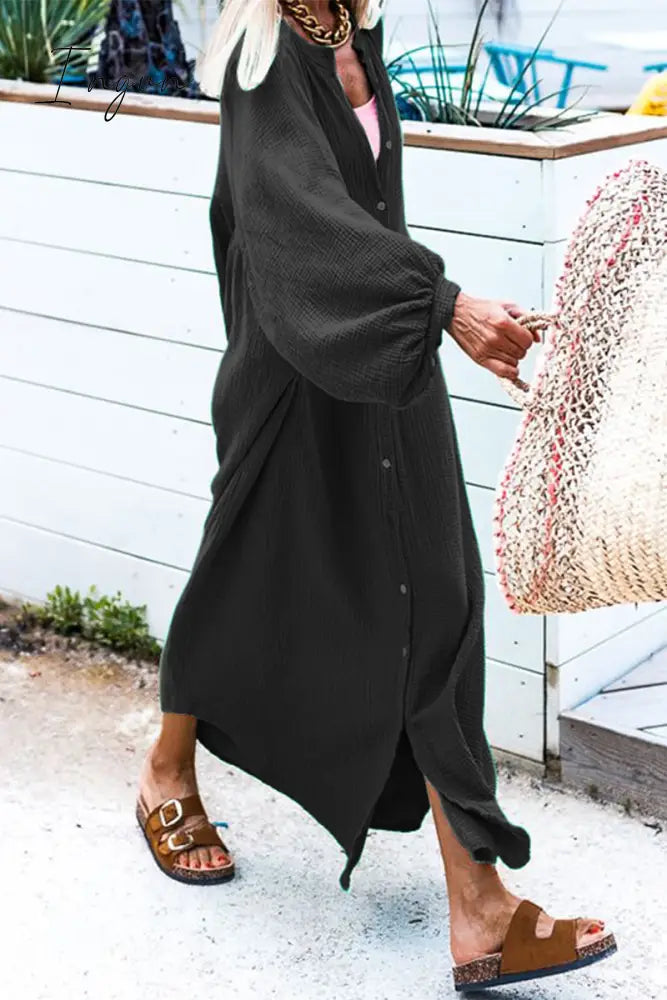 Ingvn - Casual Solid Buckle O Neck Long Sleeve Dresses(3 Colors)