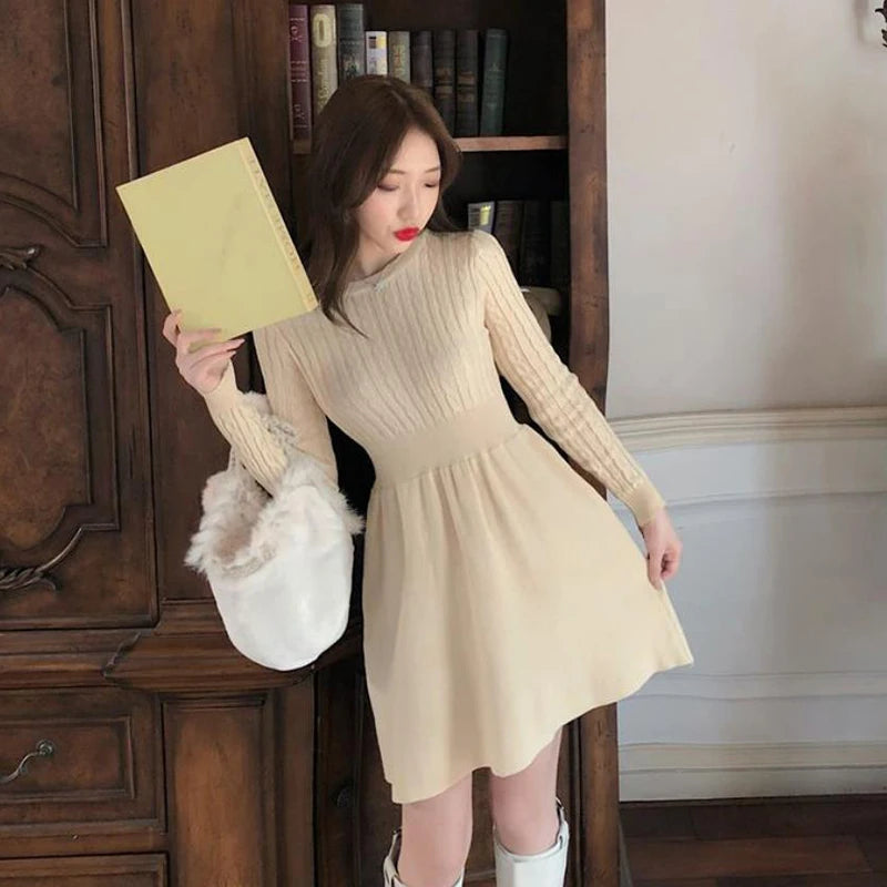 Korean Style Solid Inside Knitting Mini Dress Woman Autumn Winter Warm Long Sleeve Sweater Dresses Elegant Women's Waist Dress