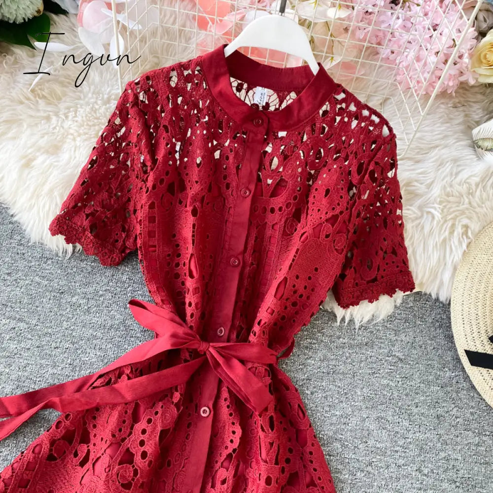Ingvn - Women Elegant Hollow Out Lace Dress Office Lady Summer Solid O-Neck Button up Sashes Midi Dress Female Chic Short Sleeve Dress
