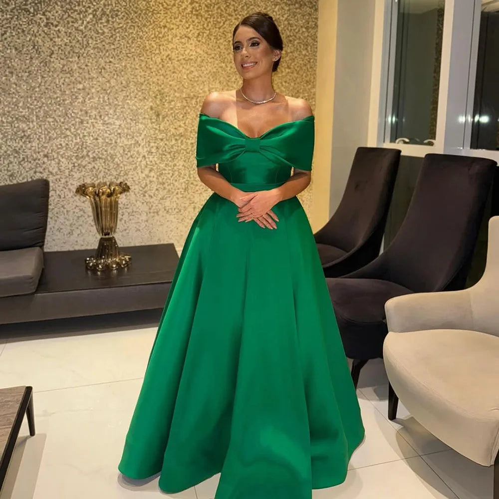 Off Shoulder Green Evening Gown 2025 Elegant Bow Backless Formal Dress A Line Long Prom Dress Party Gown Customizd