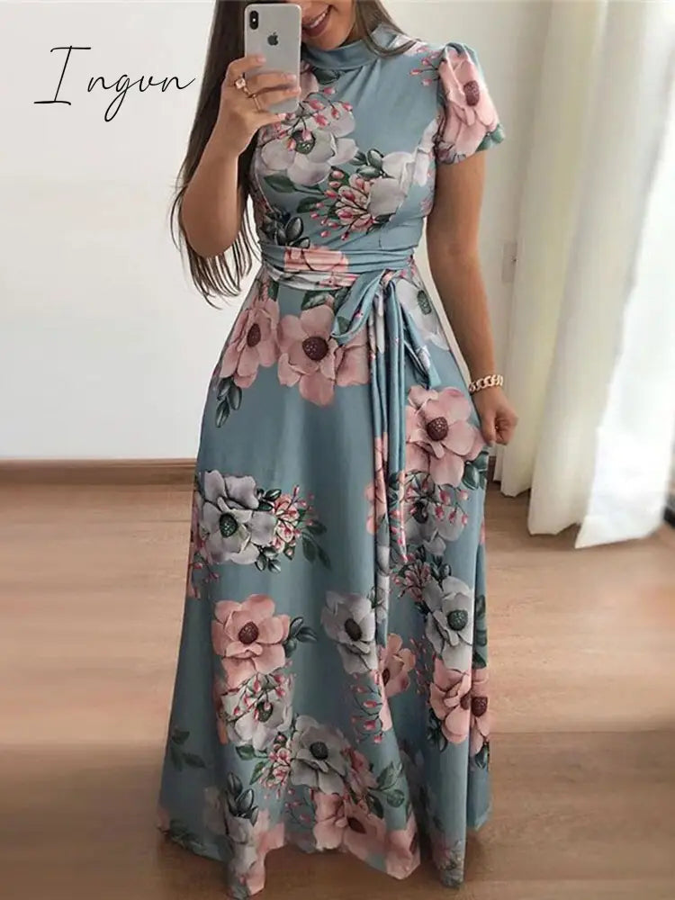 Ingvn - Women Summer Long Dress Casual Long Sleeve Boho Floral Print Maxi Dress Turtleneck Bandage Elegant Party Dresses Vestidos