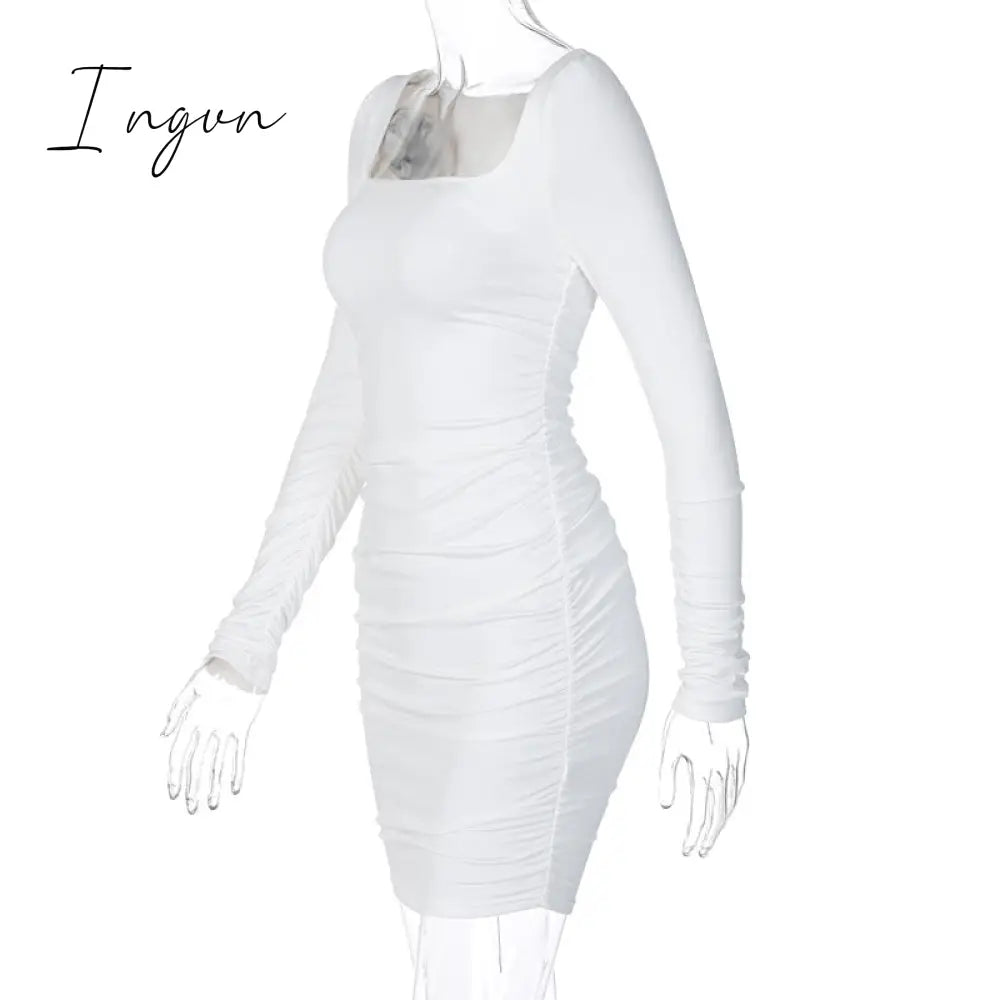 Ingvn - Hot Sale White Long Sleeve Dress For Women Black Vestido de Mujer Robe Femme Autumn Spring Ruched Elegantes Bodycon Dresses