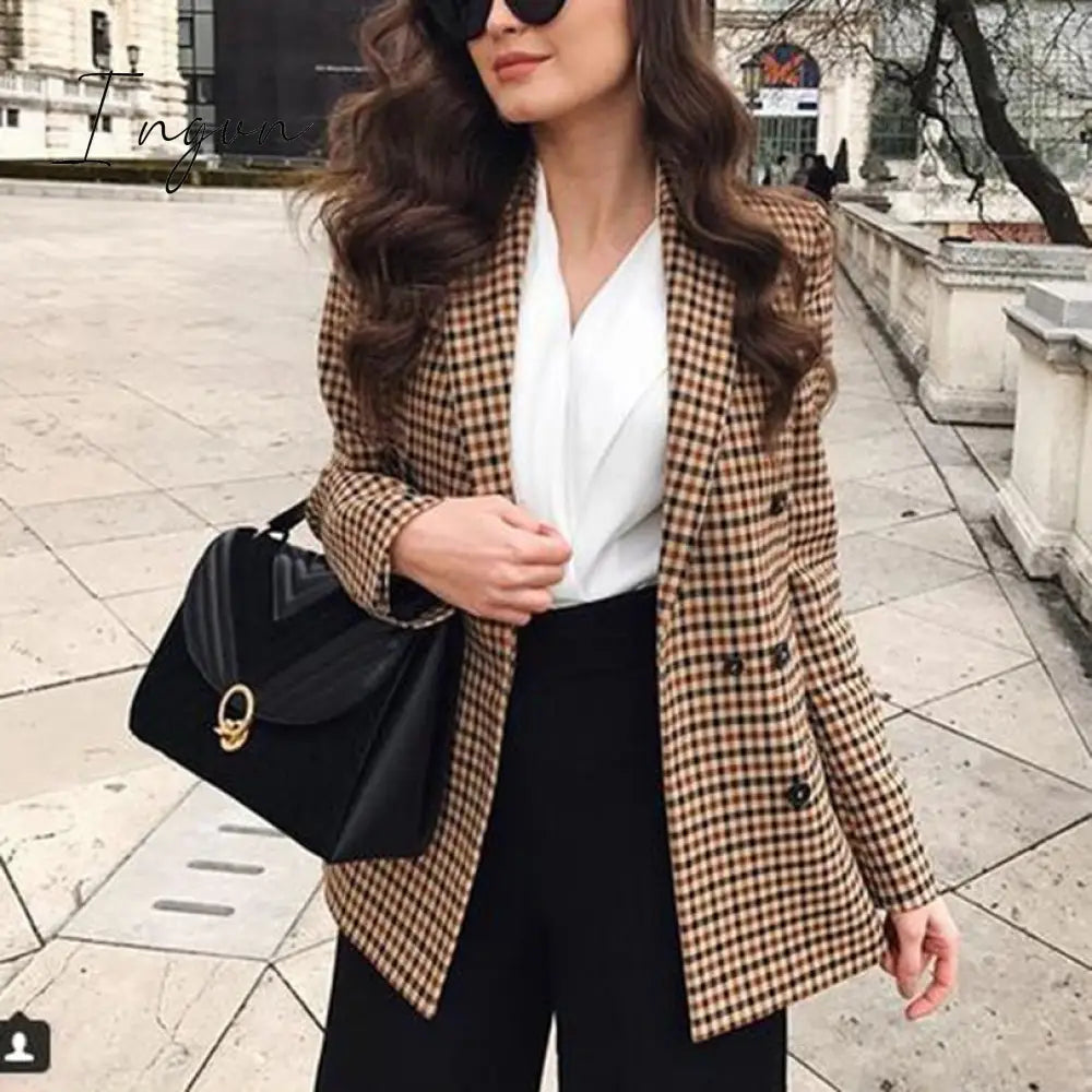 Ingvn - Fashion Autumn Women Plaid Blazers and Jackets Work Office Lady Suit Slim Double Breasted Business Female Blazer Coat Talever