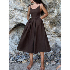 French Holiday Style Sexy Pure Desire Cotton and Linen Strap Backless Strap dress  Women's Clothing