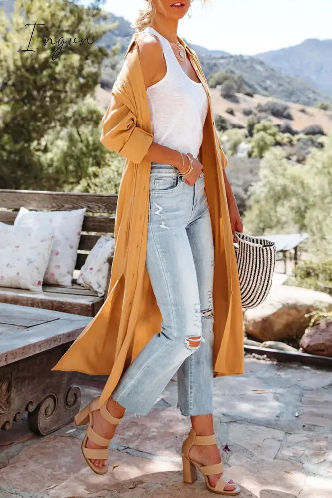 Ingvn - Casual Simplicity Solid Slit Turndown Collar Tops
