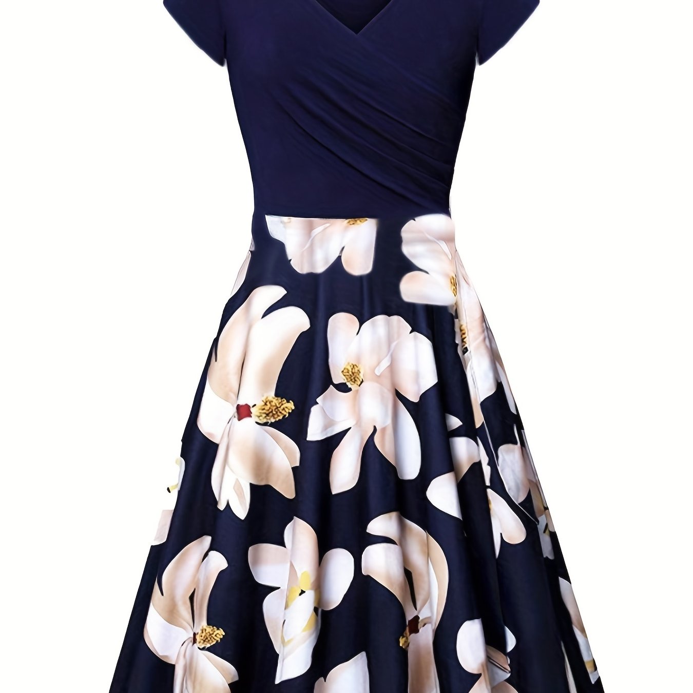 Charming Floral Print V-Neck Dress - Stylish & Flowy Short Sleeve Style - Perfect for Spring & Summer - Womens Casual to Formal Wear