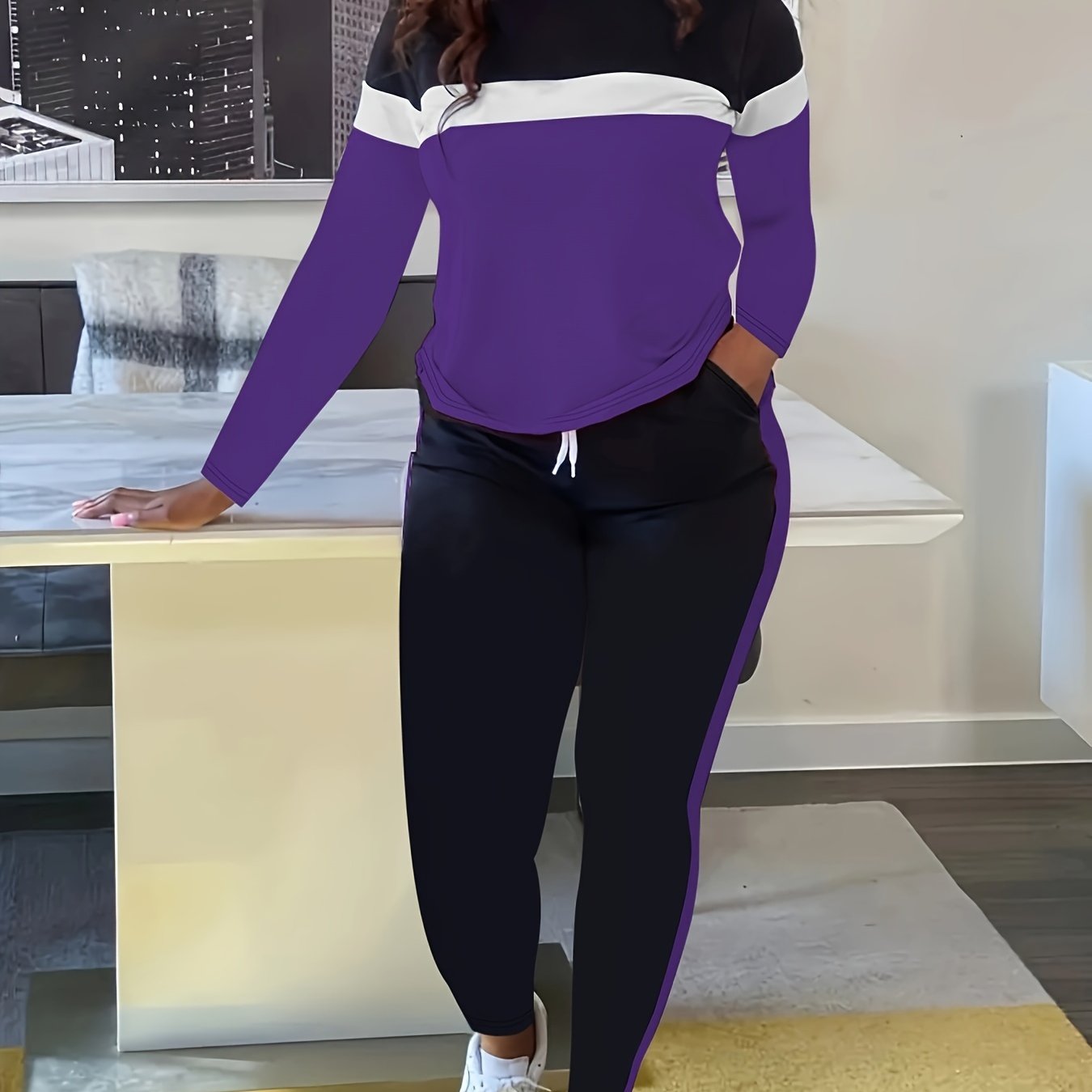 Plus Size Casual Outfits Two Piece Set, Women's Plus Colorblock Stripe Print Long Sleeve Round Neck Top & Drawstring Pants Outfits 2 Piece Set