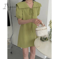 Ingvn - Solid Dress for Women Fashion High Waisted Short Sleeve Sailor Collar Lace Up Mini Dresses 2023 New Spring Summer Dress