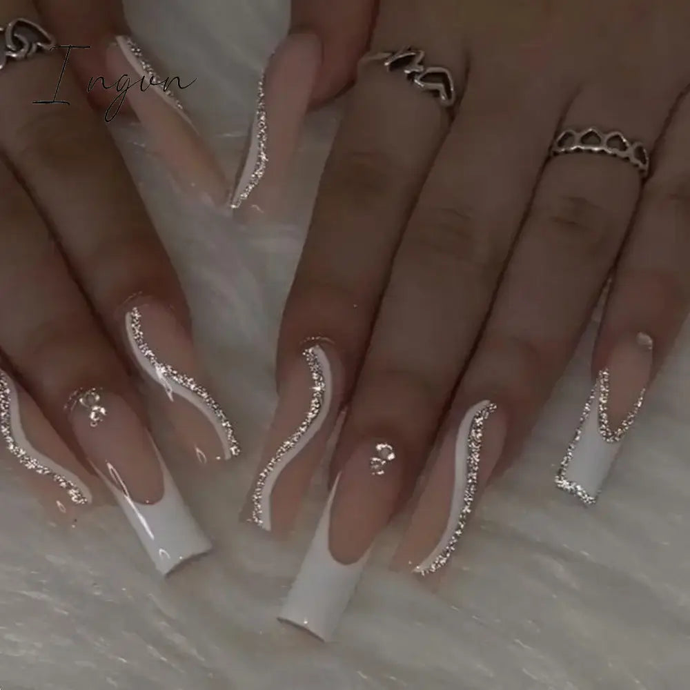 24pcs Artifical Bails With Glue Fake Nail Tips With Design Detachable Press On Nails Long Fake Nail Finished Nail Piece Sticker