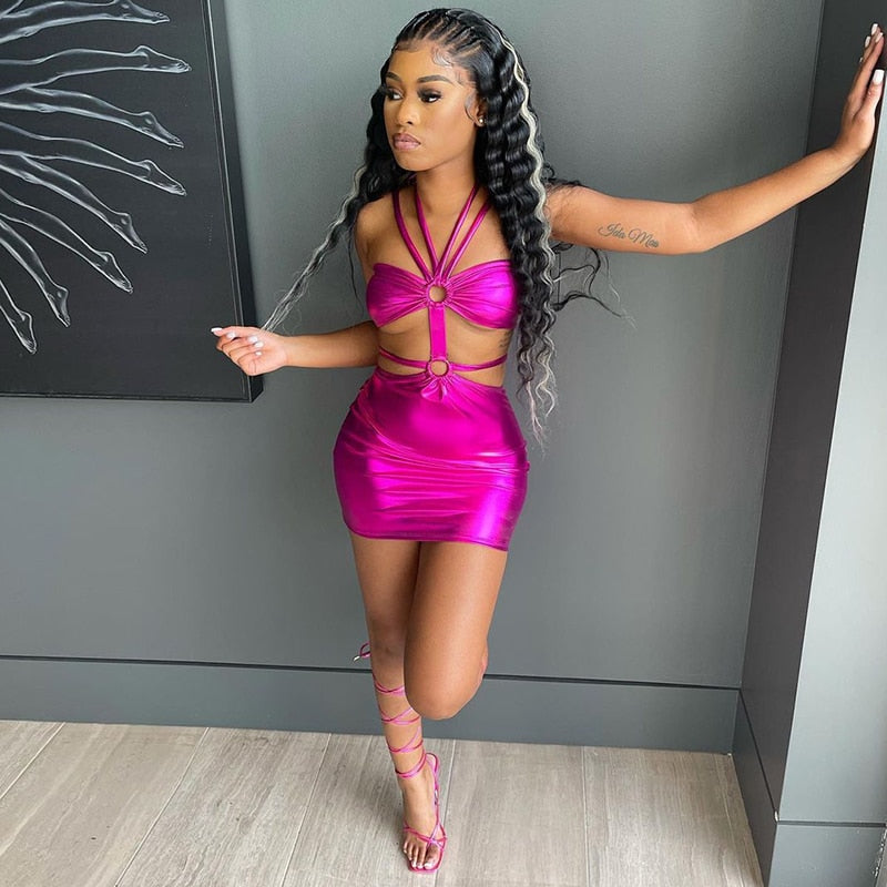 Voguable  Solid Sleeveless Bodycon Halter Hollow Out Sexy Mini Dress  Summer Women Fashion Streetwear Outfits Y2K