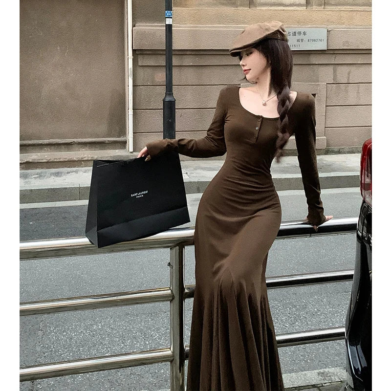 Sexy Solid Midi Dress Women Long Sleeve U-neck Bodycon Mermaid Autumn Winnter Base Dresses Korean Fashion Prom Vestidos Robe New