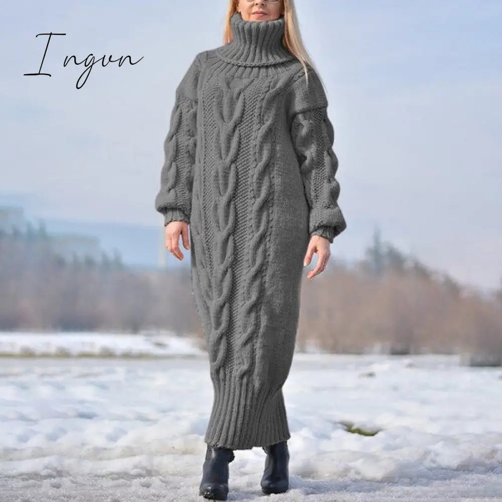 Ingvn - Sweater Dress Women Long Sleeve High Neck Knitted Pullover Dress Soft Warm Solid Color Oversize Bodycon Jumper Female Dress
