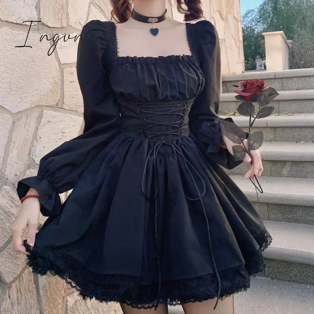 Ingvn - Womens New Trends White Lolita Dress Kawaii Vinatge Long Sleeve Mini Dresses Black Gothic Bandage Lace Patchwork Streetwear Square Collar