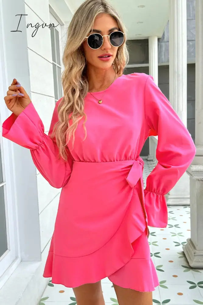 Ingvn - Round Neck Flounce Sleeve Ruffle Hem Mini Dress