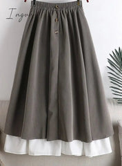 Ingvn - Winter Thick Korean Style Midi Long Pleated Skirt Women White Patchwork Button High Waist A Line Skirt Female
