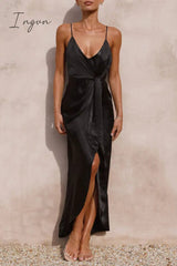 Ingvn - Sexy Solid Frenulum Fold V Neck Sling Dress Dresses