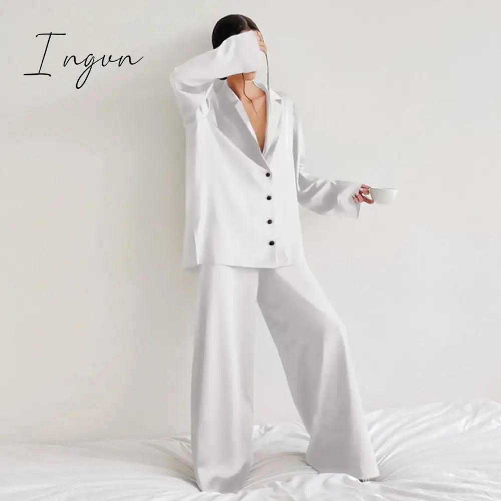 Ingvn - Oversized Satin Silk Sleepwear Low Cut Sexy Pajamas For Women Single-Breasted Long Sleeves Wide Leg Pants Trouser Suits