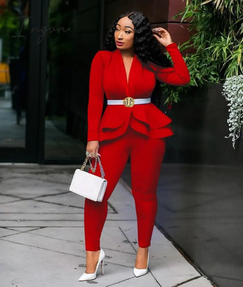 Ingvn - New Women Winter Women's Set Tracksuit Full Sleeve Ruffles Blazers Pencil Pants Suit Two Piece Set Office Lady Outfits Uniform